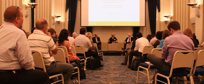 Pictured are the speakers and crowed at the Third Annual Ethical Leadership Speakers Series. | Photo by Laurie Smith