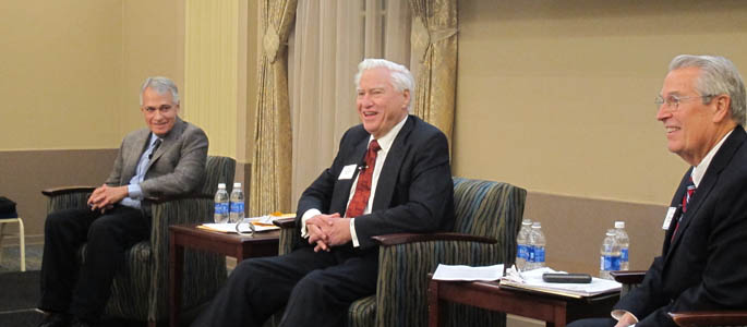 Pictured are ethical leadership event panelists James Haley, Ph.D., Timothy McGuire, Ph.D. and Jon Delano, J.D. | Photo by Amanda Dabbs