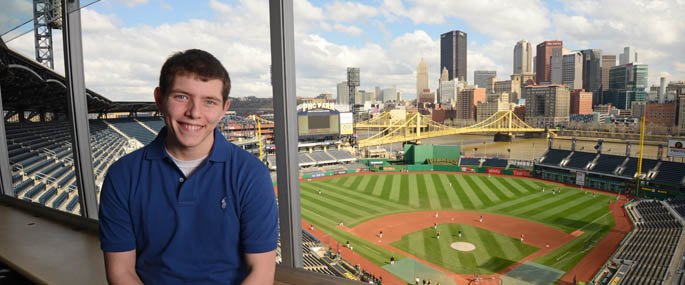 Pictured is SAEM major and Pittsburgh Pirates media relations intern Evan Schall. | Photo by Jim Judkis