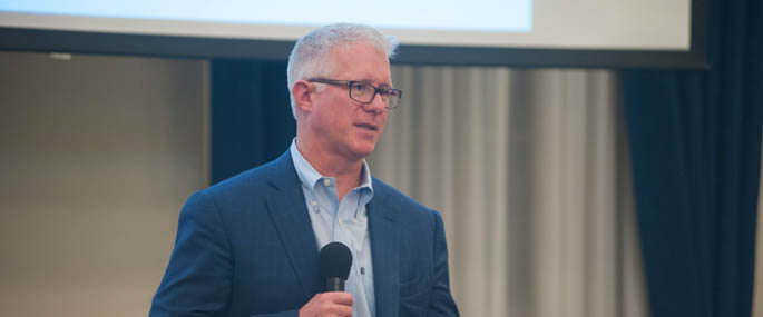 Pictured is Kevin McClatchy, former owner of the Pittsburgh Pirates and board chair of The McClatchy Company, speaking at Point Park University. | Photo by Chris Rolinson