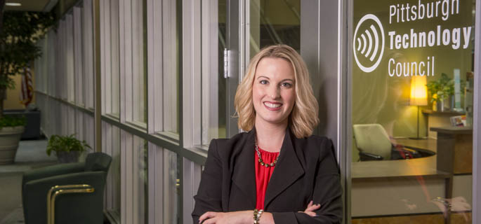 Pictured is M.B.A. alumna Lindsey Bradley, program and event services manager for the Pittsburgh Technology Council. | Photo by Jim Judkis