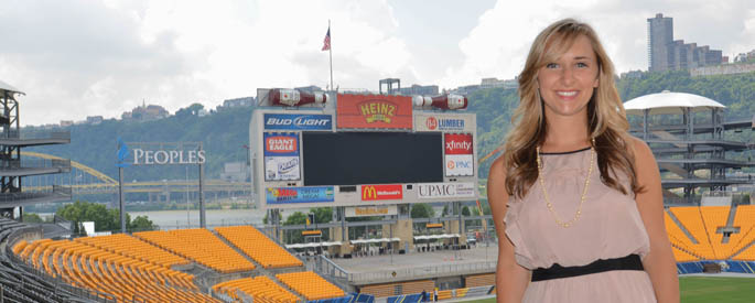 Pictured is sport, arts and entertainment management alumna Meghan McCabe, club manager at Heinz Field. | Photo by Connor Mulvaney