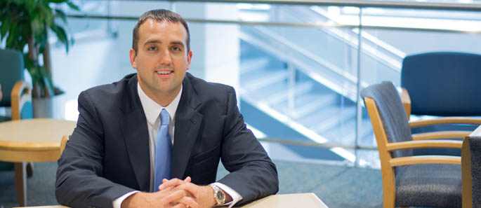 Pictured is M.B.A. alumnus and cardiovascular representative, Nick Colasante. | Photo by Connor Mulvaney, junior photojournalism major