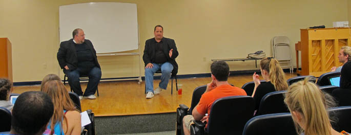 Pictured is Broadway actor Ben Lipitz talking with Point Park students. | Photo by Amanda Dabbs