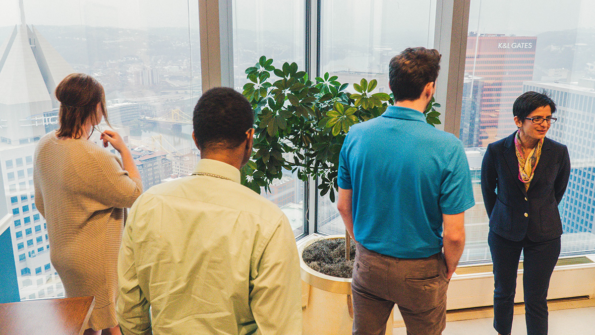 Fortune 500 company PPG Industries, Inc., welcomed Point Park University’s Advanced Accounting class to its headquarters, located just steps from campus at One PPG Place in Downtown Pittsburgh. Photo by Emma Federkeil. 