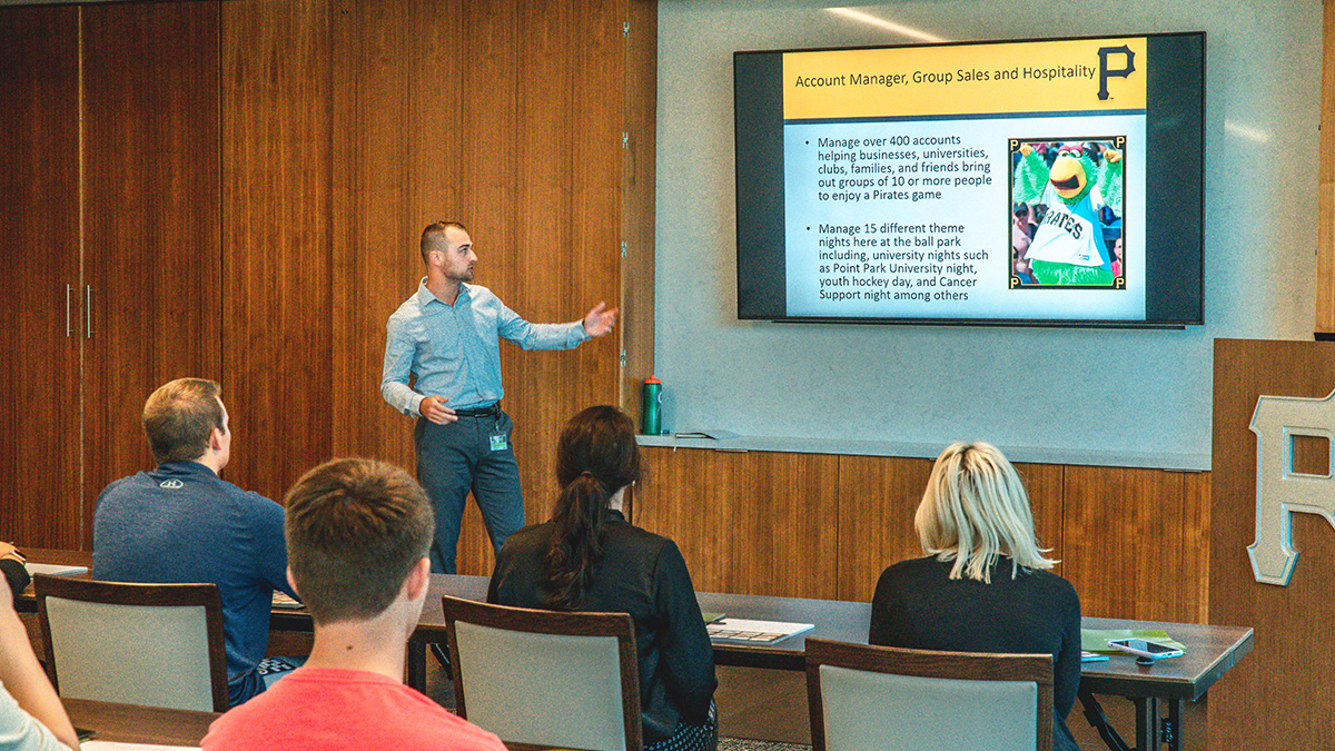 Pictured are SAEM students at their Bucs Sales Team training at PNC Park. Photo by Emma Federkeil.