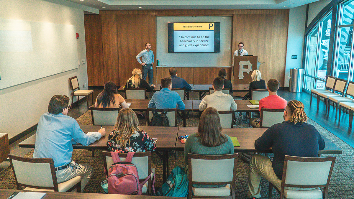 Pictured are SAEM students at their Bucs Sales Team training at PNC Park. Photo by Emma Federkeil.