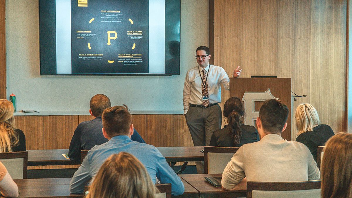 Pictured are SAEM students at their Bucs Sales Team training at PNC Park. Photo by Emma Federkeil.