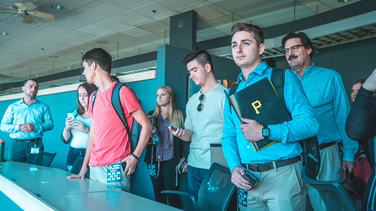 Pictured are SAEM students at their Bucs Sales Team training at PNC Park. Photo by Emma Federkeil.