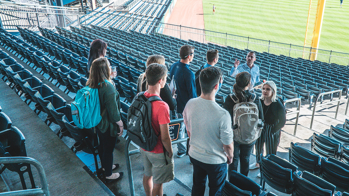 Pictured are SAEM students at their Bucs Sales Team training at PNC Park. Photo by Emma Federkeil.