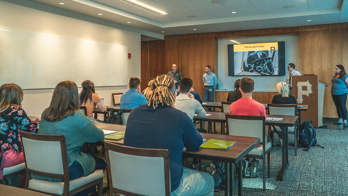 Pictured are SAEM students at their Bucs Sales Team training at PNC Park. Photo by Emma Federkeil.