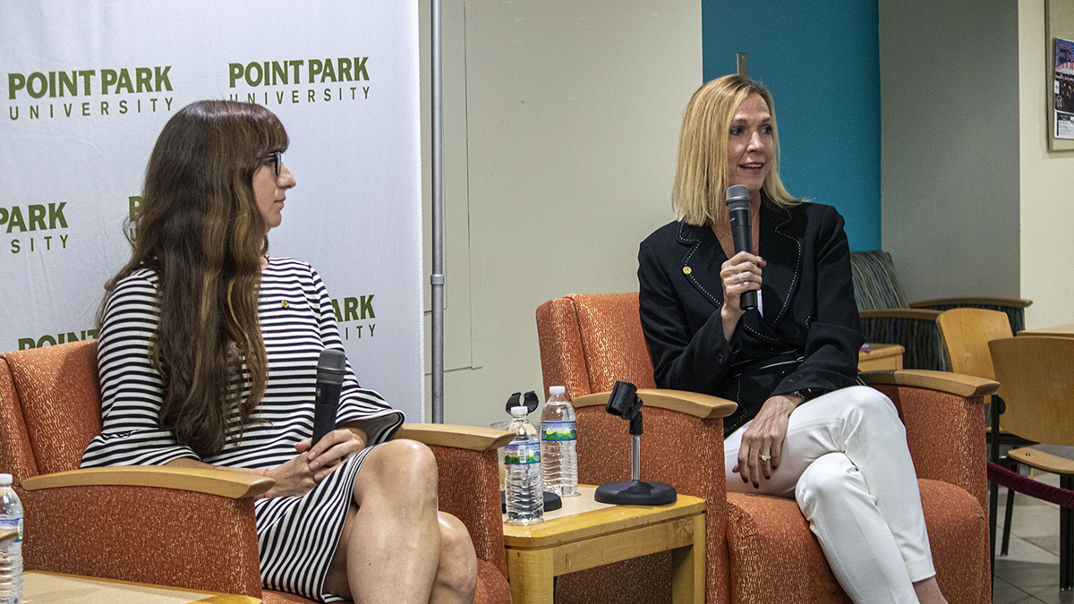 Pictured is the Point Park Women In Industry Speaker Series event with Celeste Suchko, CPA, and Mandy Merchant, CPA, from CliftonAllenLarson. Photo by Alexander Grubbs