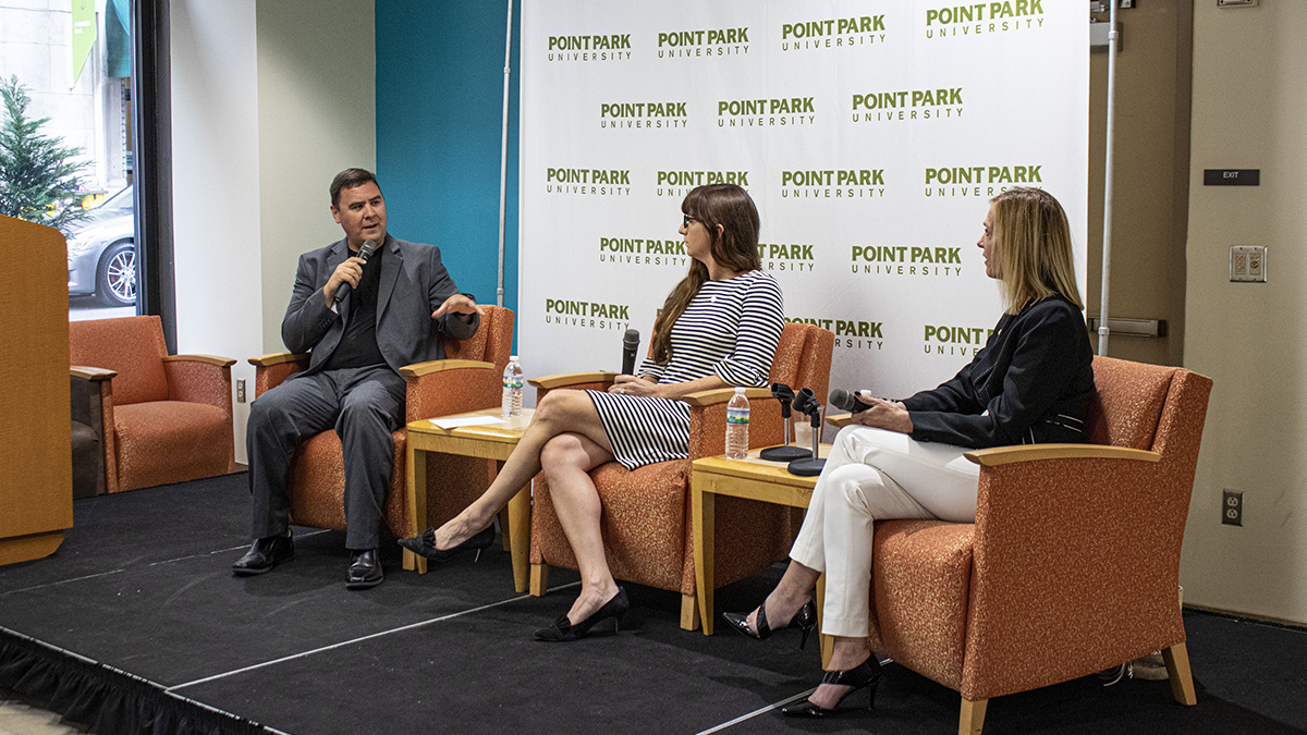 Pictured is the Point Park Women In Industry Speaker Series event with Celeste Suchko, CPA, and Mandy Merchant, CPA, from CliftonAllenLarson. Photo by Alexander Grubbs