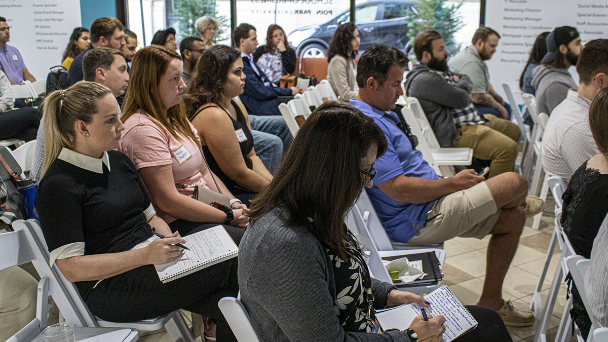 Pictured is the Point Park Women In Industry Speaker Series event with Celeste Suchko, CPA, and Mandy Merchant, CPA, from CliftonAllenLarson. Photo by Alexander Grubbs