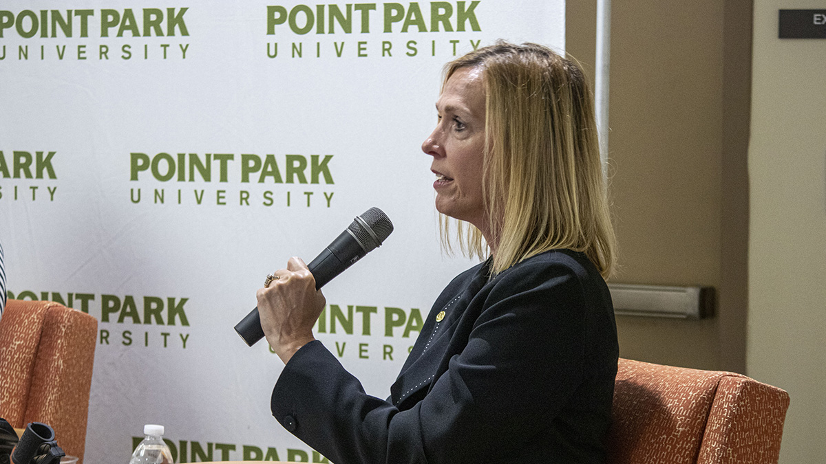 Pictured is the Point Park Women In Industry Speaker Series event with Celeste Suchko, CPA, and Mandy Merchant, CPA, from CliftonAllenLarson. Photo by Alexander Grubbs