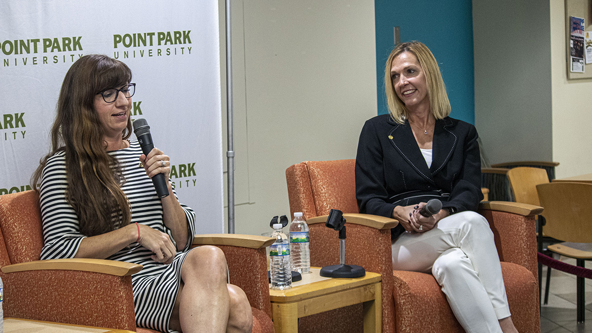 Pictured is the Point Park Women In Industry Speaker Series event with Celeste Suchko, CPA, and Mandy Merchant, CPA, from CliftonAllenLarson. Photo by Alexander Grubbs