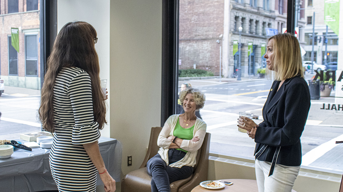 Pictured is the Point Park Women In Industry Speaker Series event with Celeste Suchko, CPA, and Mandy Merchant, CPA, from CliftonAllenLarson. Photo by Alexander Grubbs