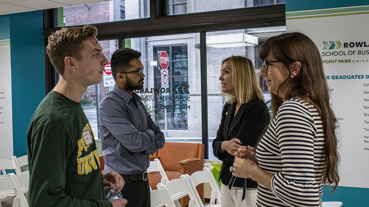 Pictured is the Point Park Women In Industry Speaker Series event with Celeste Suchko, CPA, and Mandy Merchant, CPA, from CliftonAllenLarson. Photo by Alexander Grubbs