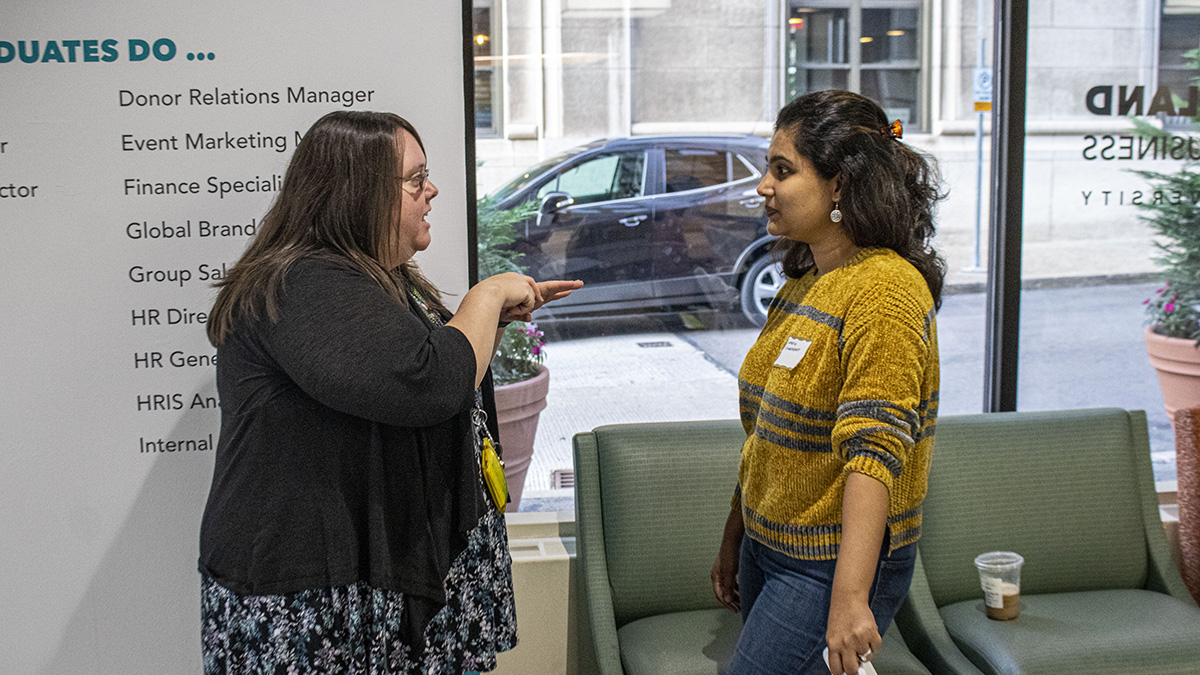 Pictured is the Point Park Women In Industry Speaker Series event with Celeste Suchko, CPA, and Mandy Merchant, CPA, from CliftonAllenLarson. Photo by Alexander Grubbs