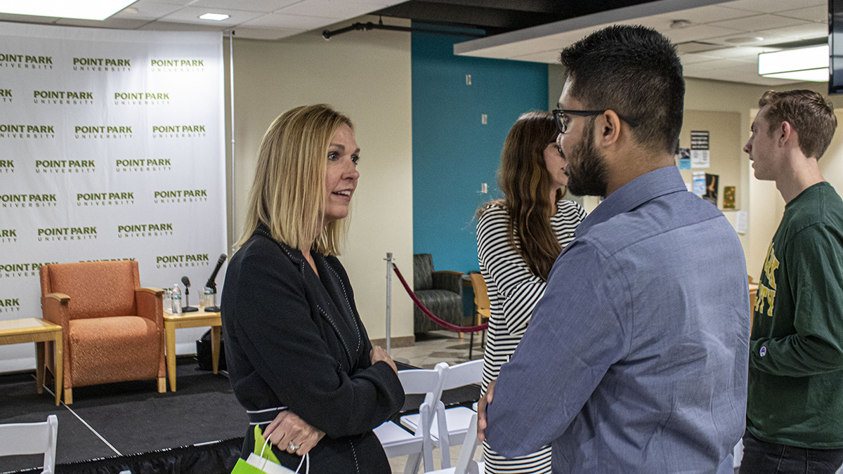 Pictured is the Point Park Women In Industry Speaker Series event with Celeste Suchko, CPA, and Mandy Merchant, CPA, from CliftonAllenLarson. Photo by Alexander Grubbs