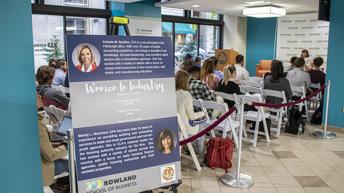 Pictured is the Point Park Women In Industry Speaker Series event with Celeste Suchko, CPA, and Mandy Merchant, CPA, from CliftonAllenLarson. Photo by Alexander Grubbs