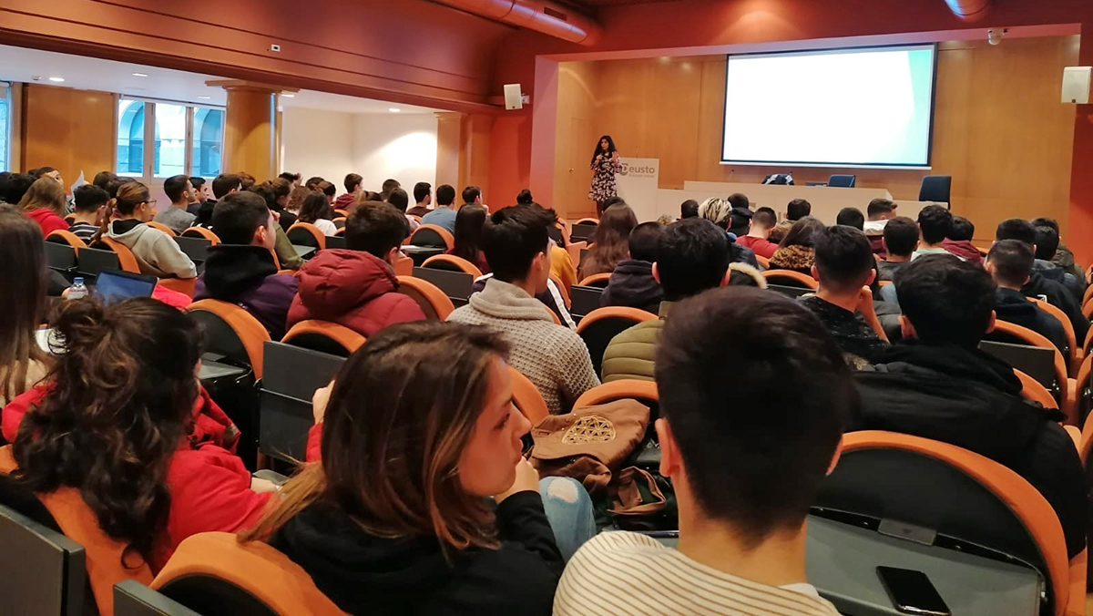 Pictured is Helena Knorr, Ph.D., professor of organizational leadership, presenting he research at the University of Deusto in Bilbao, Spain.