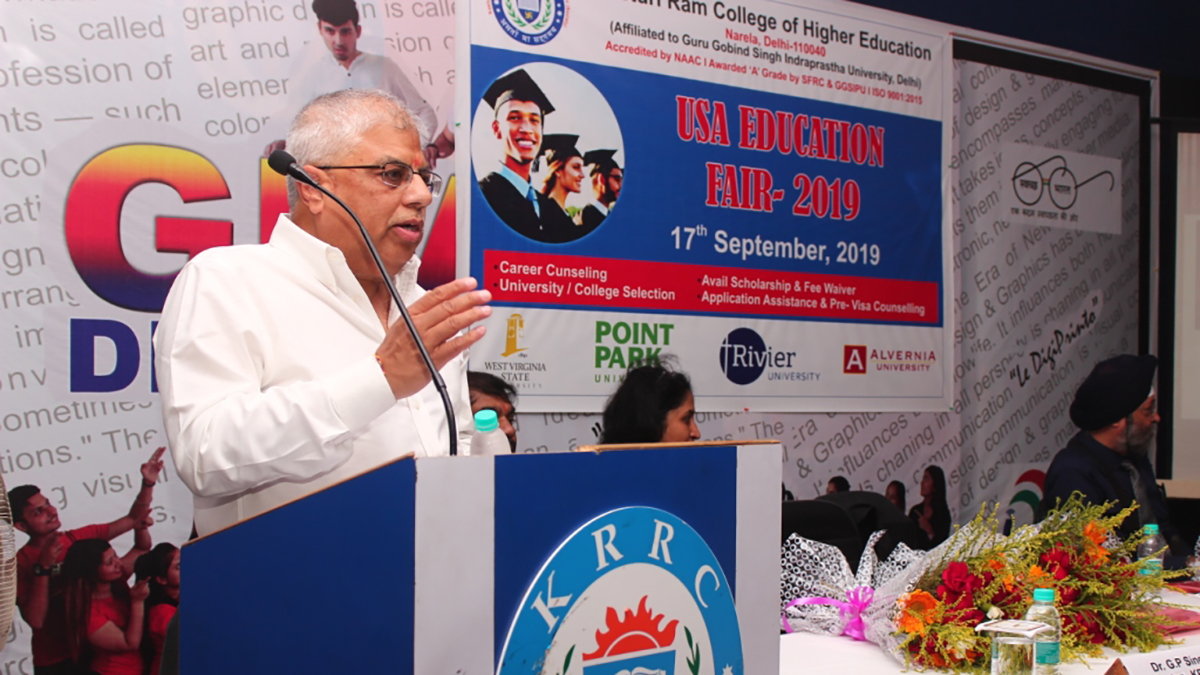 Pictured is Archish Maharaja, Ed.D., at the 2019 USA Education Fair hosted by Kasturi Ram College of Higher Education in Narela, Delhi. Photo submitted by Maharaja