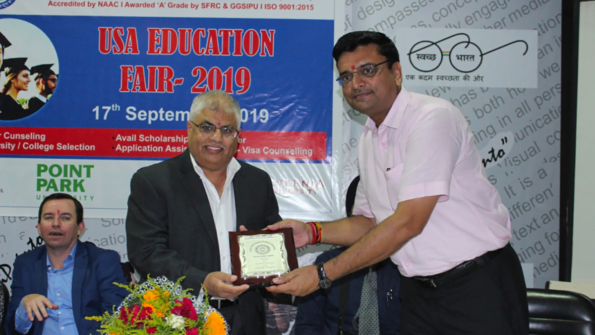 Pictured is Archish Maharaja, Ed.D., at the 2019 USA Education Fair hosted by Kasturi Ram College of Higher Education in Narela, Delhi. Photo submitted by Maharaja