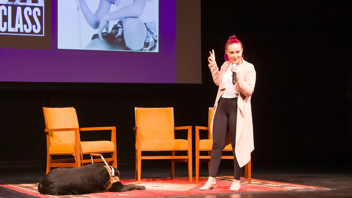 Pictured is YouTube sensation Molly Burke at Point Park University. Photo by Anna Wolf