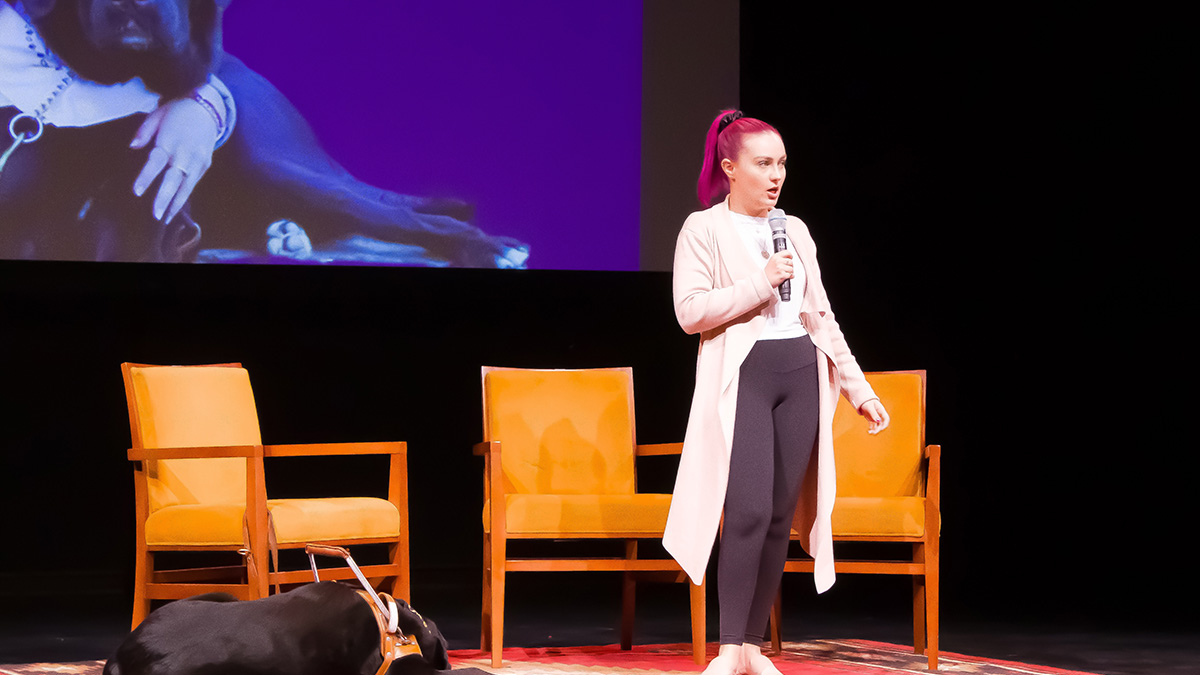 Pictured is YouTube sensation Molly Burke at Point Park University. Photo by Anna Wolf