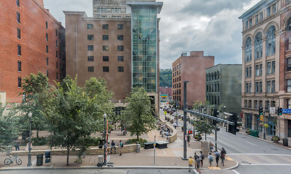 Pictured is an aerial photo of Point Park University's Academic Village. Photo by Nick Koehler.