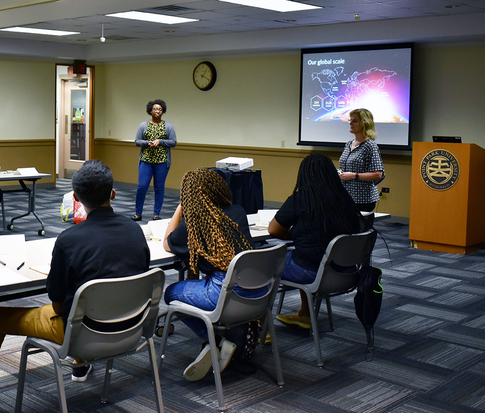 EY employees JoOnna Bleach and MaryBeth Allen gave a presentation about accounting careers. Photo by Nicole Chynoweth.