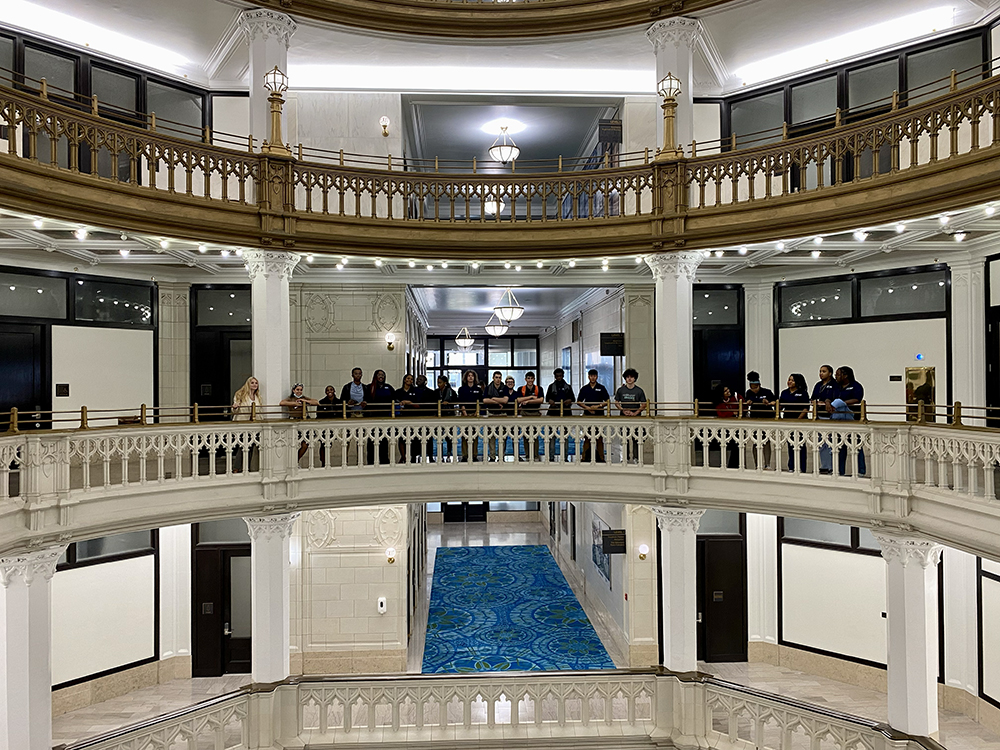 ACAP students pose for a photo in the rotunda of the Union Trust building in Downtown Pittsburgh. Photo by Nicole Chynoweth.