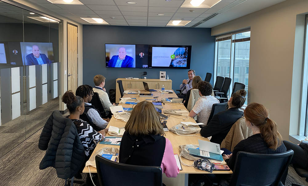 Pictured are Point Park students and Professor Jayne Olshanski in a conference room at Federated Hermes. Photo by Nicole Chynoweth.