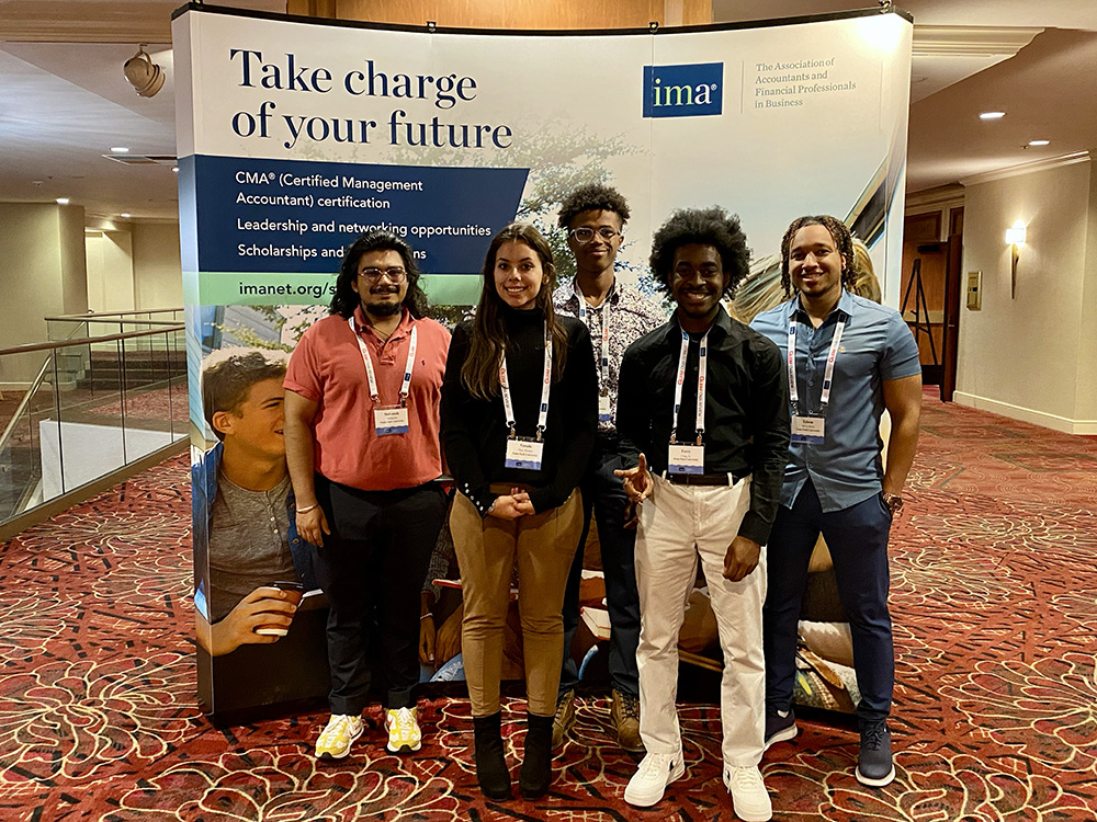 Pictured from left are Shivansh Waleacha, Natalie Diaz-Molina, Matthew Harris, Terry Craig Jr. and Edwin De La Rosa at the Wyndham Grand Pittsburgh, the host venue of the IMA 2022 Student Leadership Conference. Photo by Nicole Chynoweth.