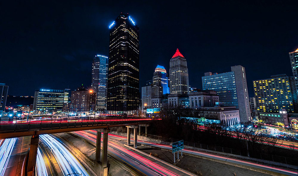 Pictured is Downtown Pittsburgh at night. Photo by Nathaniel Holzer '22. 