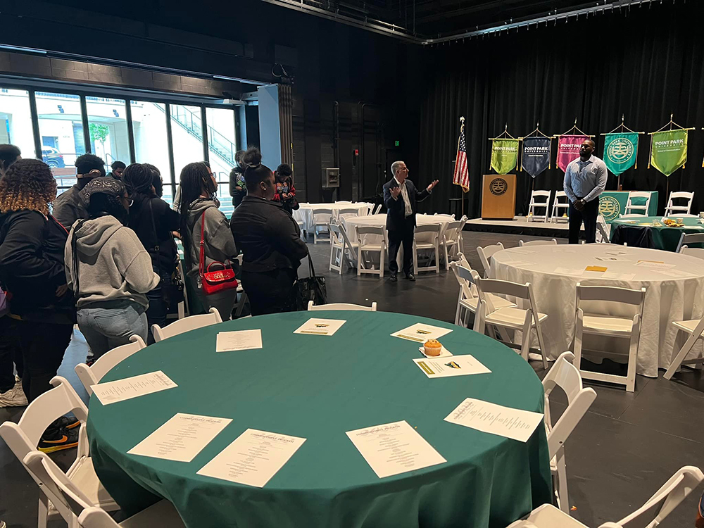 Aliquippa students toured Point Park's campus with Dr. Nickols and Dean Tanzilli. They met with John Ashaolu, athletic director, and Keith Paylo, vice president of student affairs and dean of students, at the Pittsburgh Playhouse. Submitted photo.