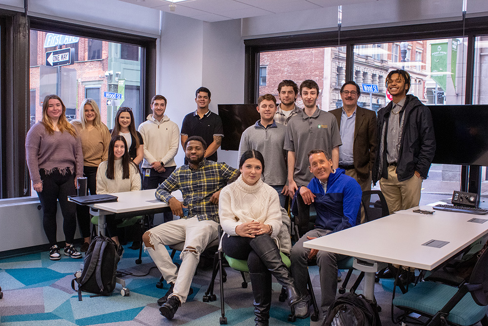 Pictured are students in the inaugural Sports Sales course in the SAEM program at Point Park University. Photo by Natalie Caine.