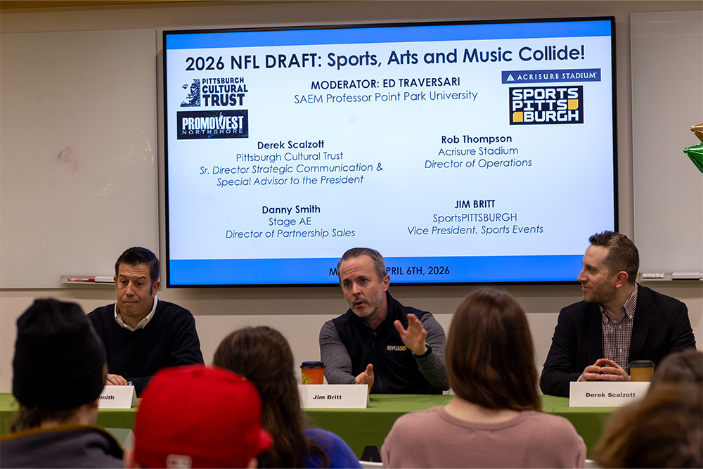 Pictured is a panel discussion talking about the 2026 NFL Draft during the SAEM Emerging Trends event at Point Park University's Professional Career and Readiness Center. 