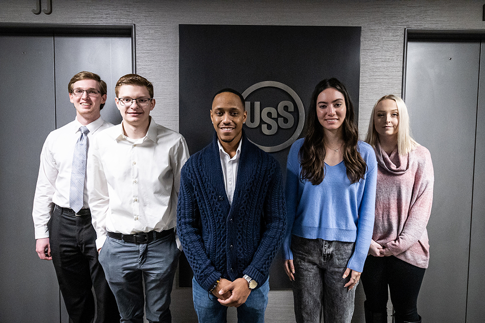 Pictured from left to right are students Ken Lydic, Ian Flavin, Dontae Robinson, Madison Shick and Megan Locke at the U.S. Steel headquarters. Photo by Nathaniel Holzer '22, B.F.A in screenwriting major.