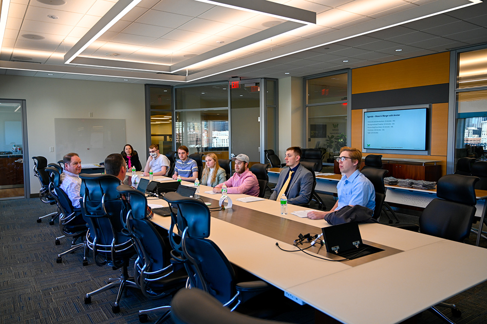 Accounting students met with Dave Schulz, senior vice president and CFO, and Adam Bergamasco, director of accounting, at Wesco's headquarters in Station Square. Photo by Joey Bova.