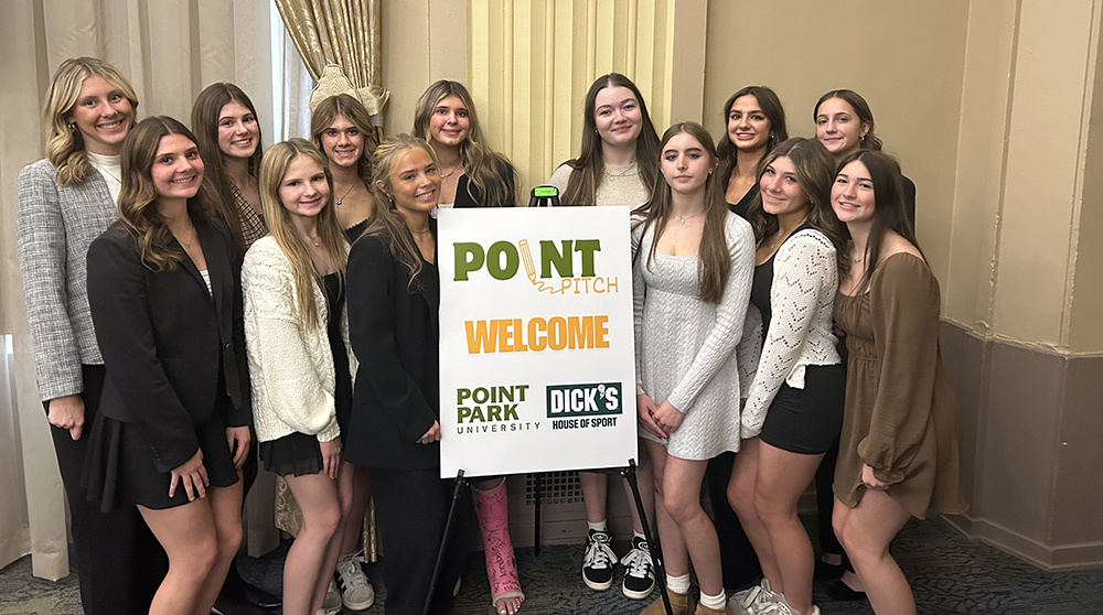 High School students pose for a photo at Point Park University's 2025 Point Pitch.