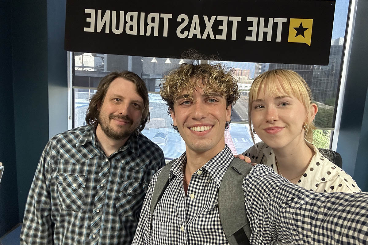 Alumnus Matt Adams with Point Park students Michelangelo Pellis and Avery Jerina at The Texas Tribune. Submitted photo.