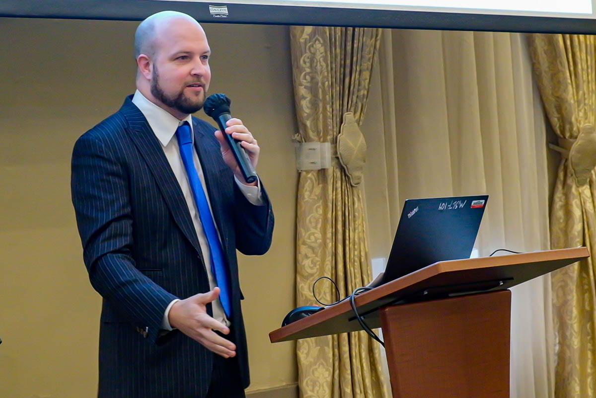 Alumnus Justin LaBar, general manager of Trib Total Media's High School Sports Network, was the keynote speaker in the Lawrence Hall Ballroom. Photo | Olivia Valyo