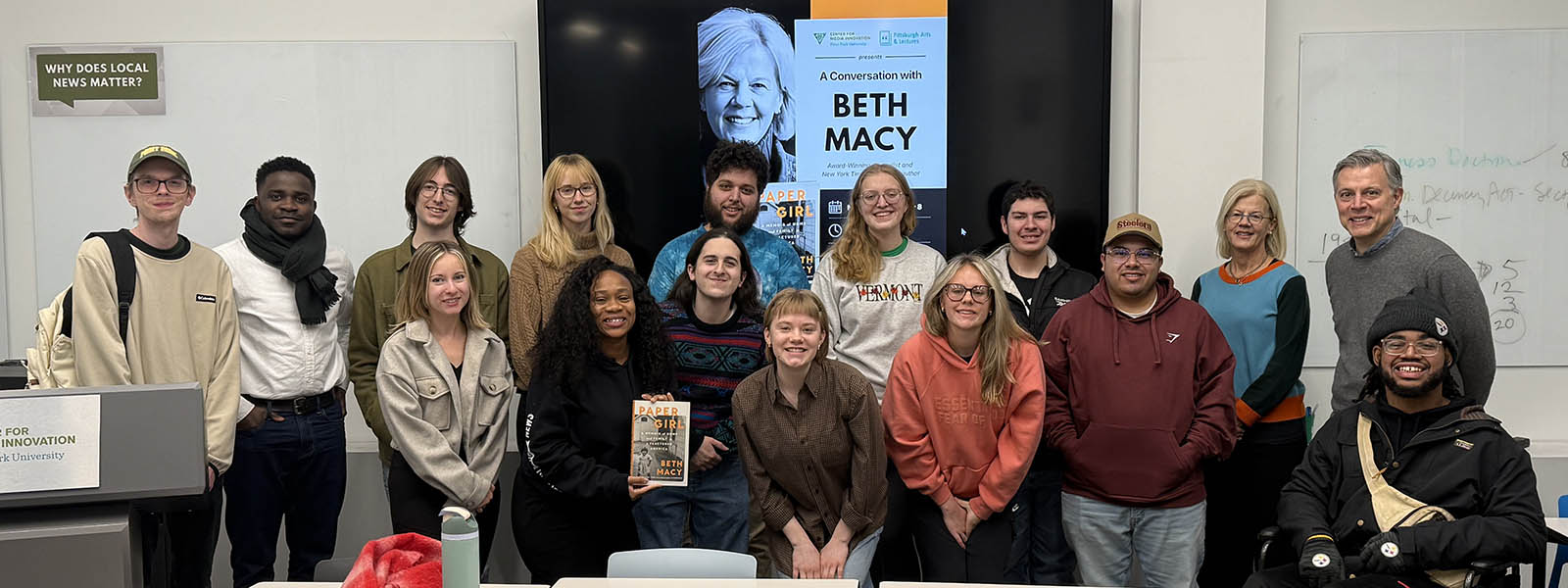 Beth Macy, journalist and non-fiction writer, spoke to the Point Park News Service Class in the Center for Media Innovation. Photo | Evan Levine