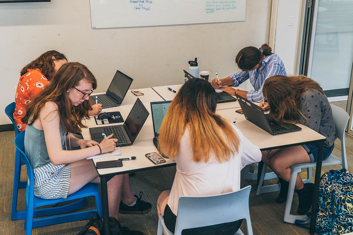 High school workshop participants work on their stories in the Center for Media Innovation at Point Park. Photo | Emma Federkeil