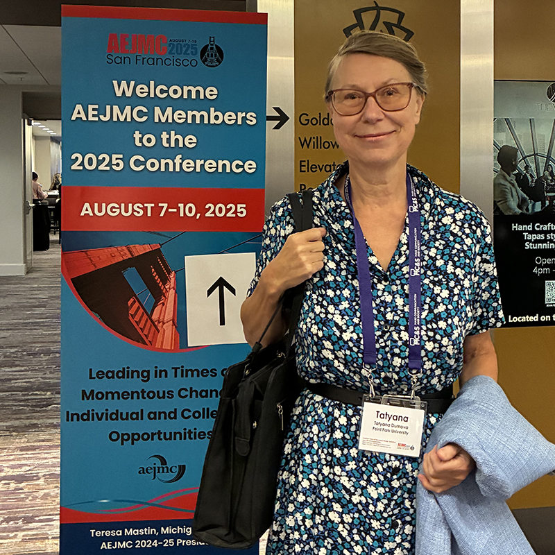 Pictured is Tatyana Dumova at the 2025 AEJMC convention. 