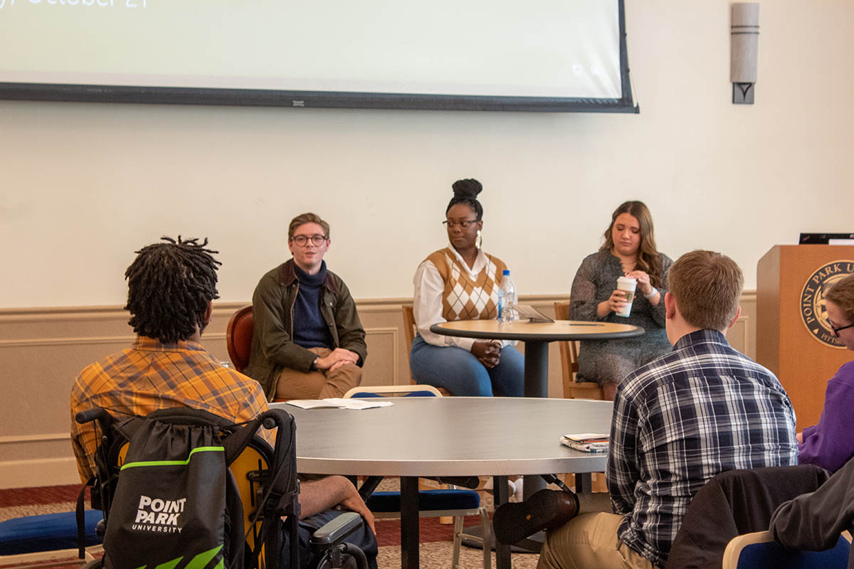 Sam Francis, Steel City Media, Vice Simpson, Brunner, and Lacey Muto, SAEM major, reflected on the expectations and reality of working in the media industry. Photo | Natalie Caine