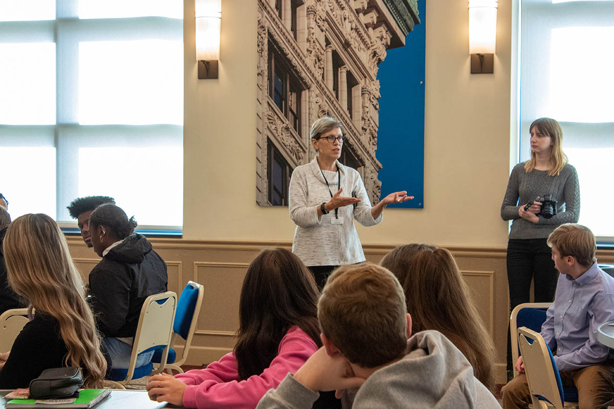 Professor Paige Beal speaks to students in the 200 Lawrence Hall. Photo | Natalie Caine