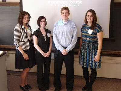 School of Communication graduate students, from left, Sarah Sudar, Stephanie Sikora, Andrew Hayn John and Pamela E. Walck at the Pennsylvania Communication Association conference in October 2011. | Photo by Tatyana Dumova